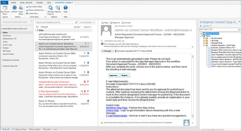 OpenText Enterprise Connect: Helps Users Interact with Content Suite Directly from Applications, such as Microsoft Office and Adobe Acrobat